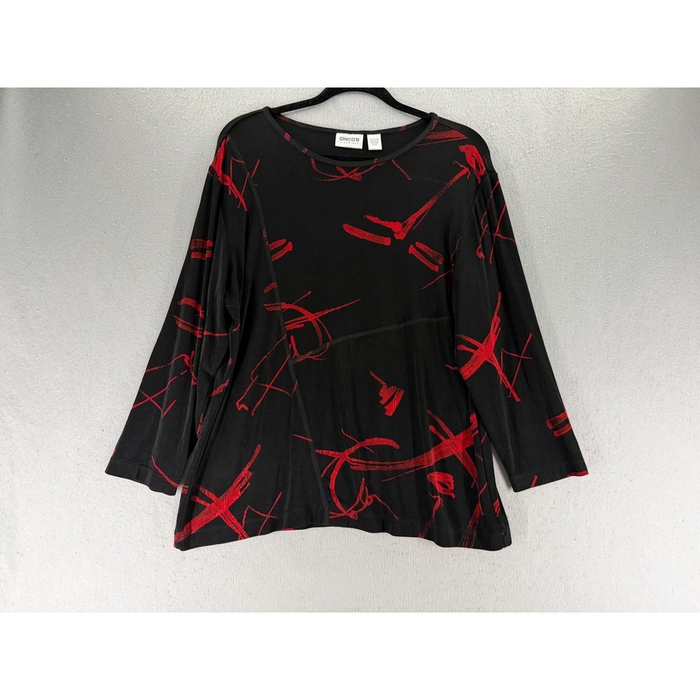 Chico's Travelers 3 XL/6 Top Acetate Black Red Abstract Artsy Brushstroke Script